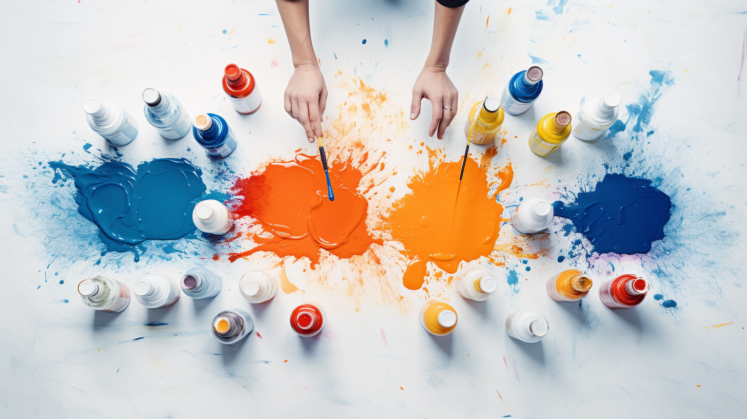 Kids hands painting with acrylic paint bottles