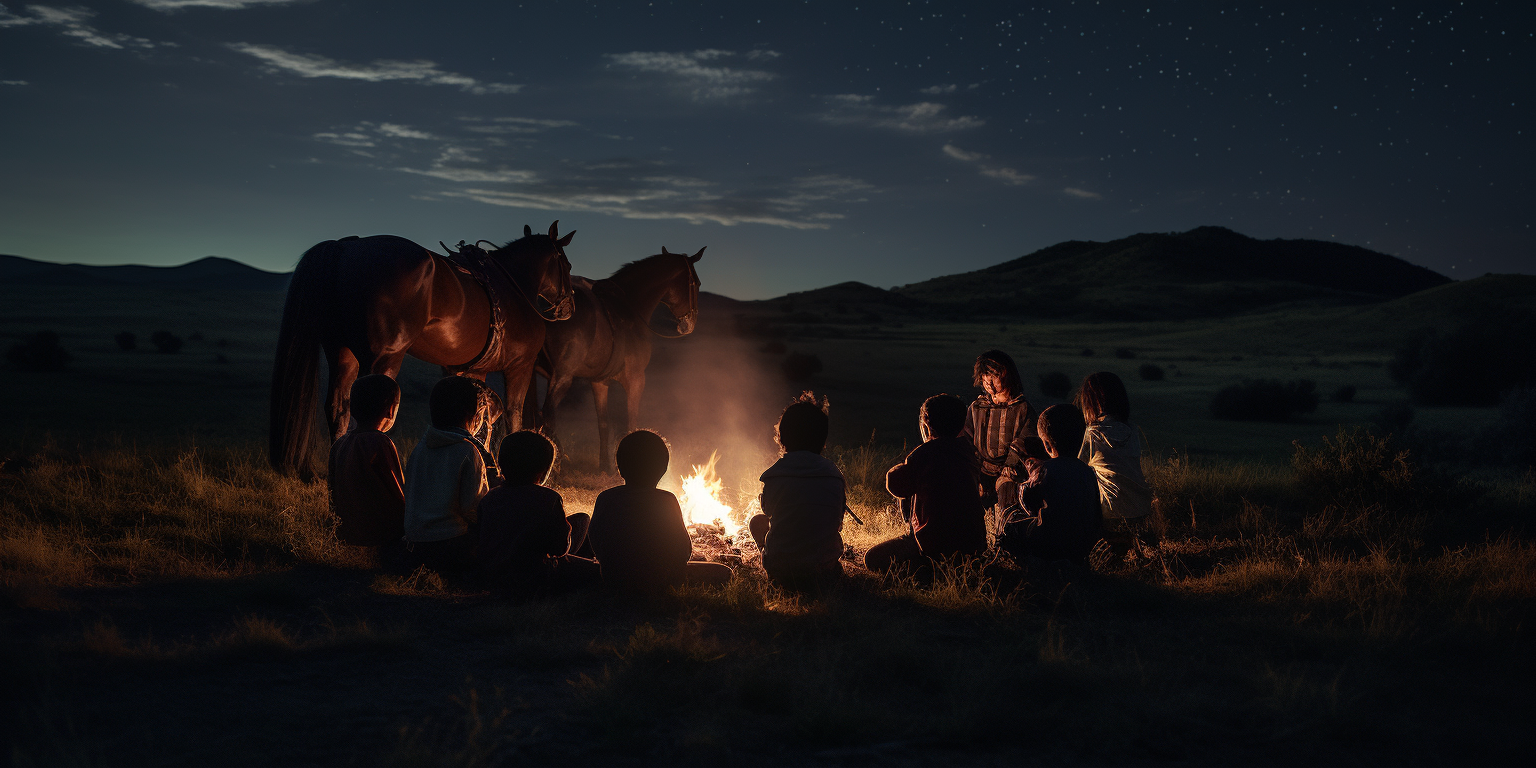 Children gathered around campfire with beam of light