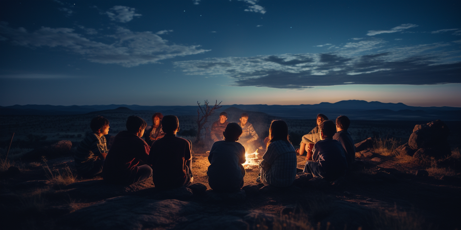 Kids on horses around a campfire under a beam of light