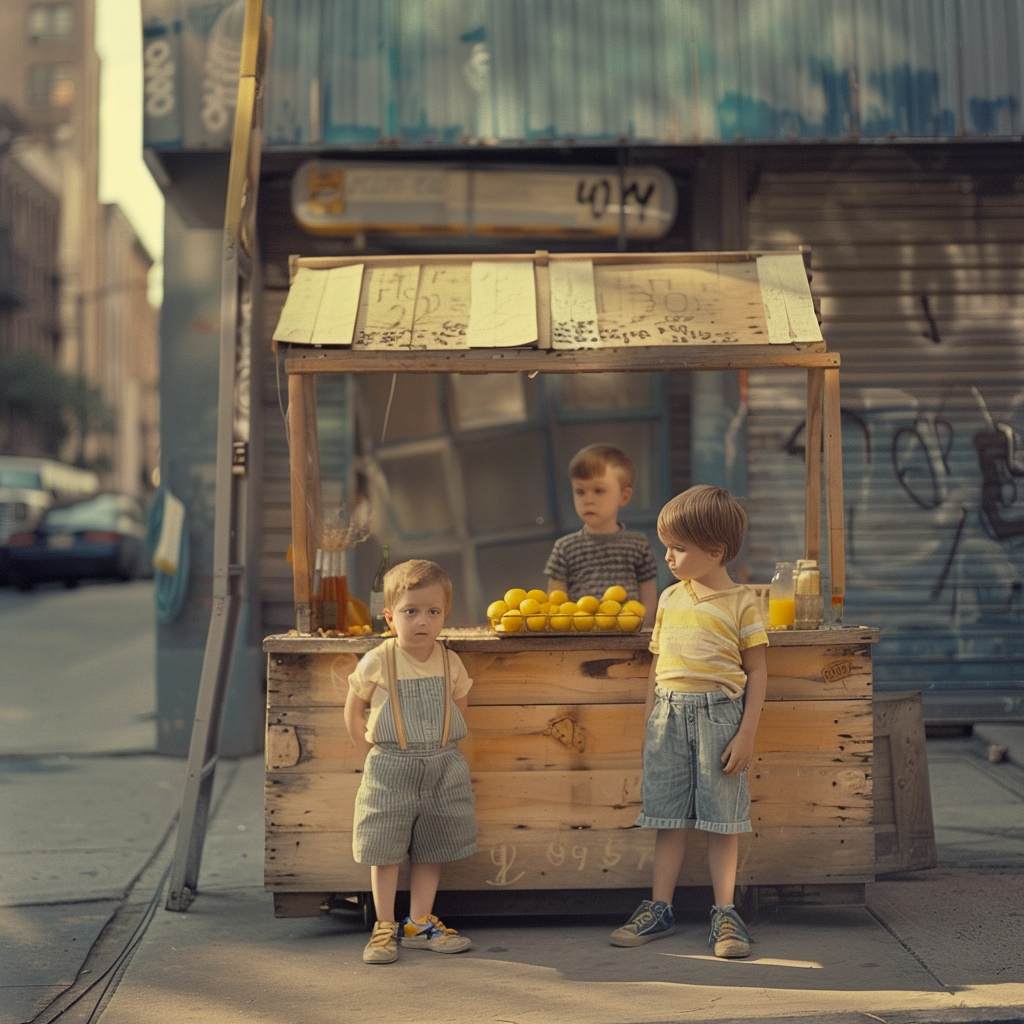 Two kids lemonade stand outdoors