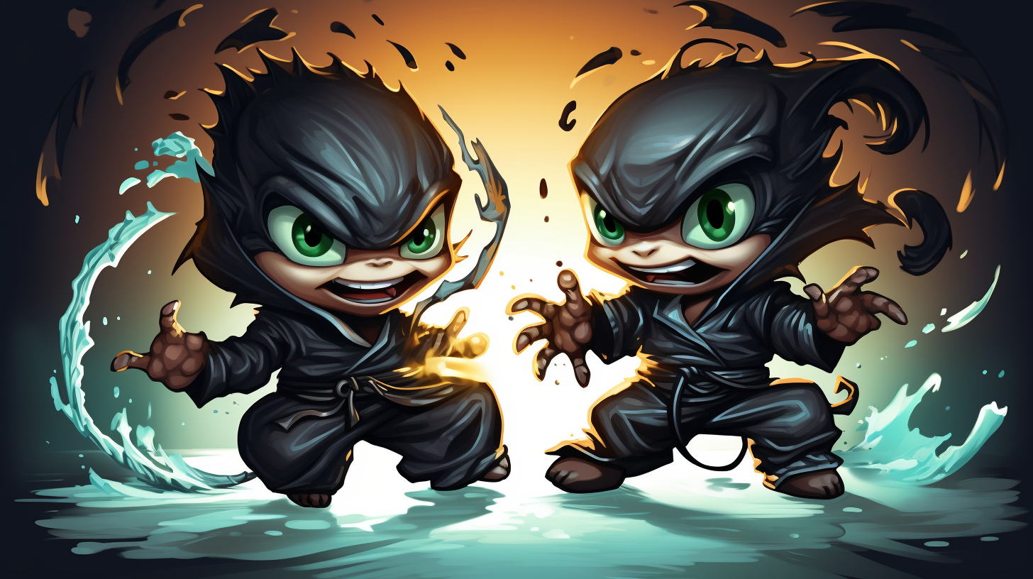 Kids ninja fighting dragons in realistic cartoon style