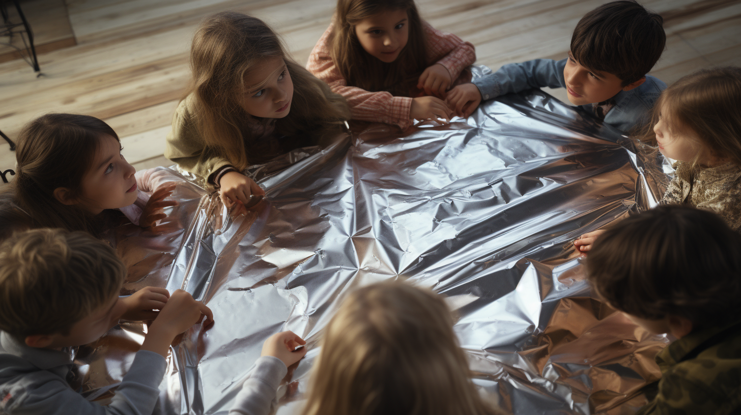 Group of kids sitting at a foil-covered table