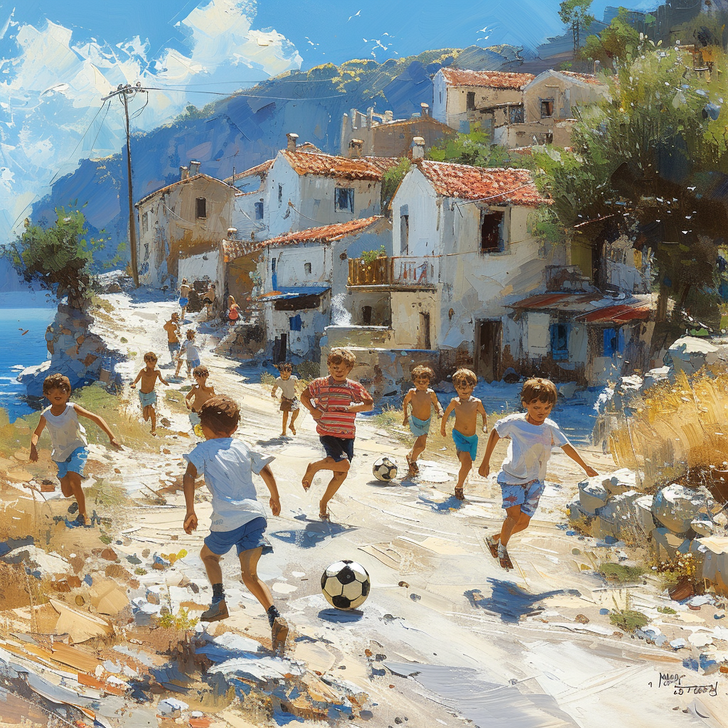 Kids Playing Football in Greek Village