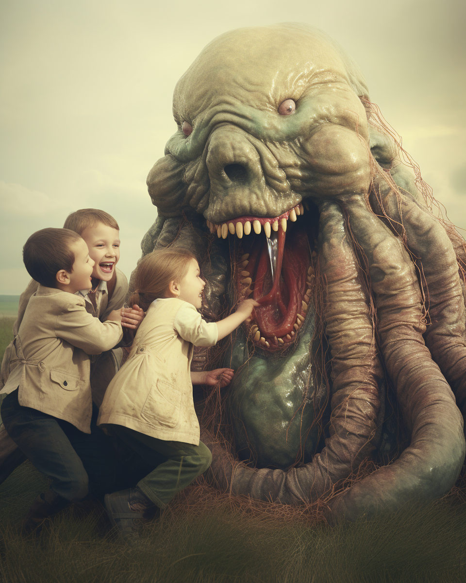 Kids playing with giant slimy monster