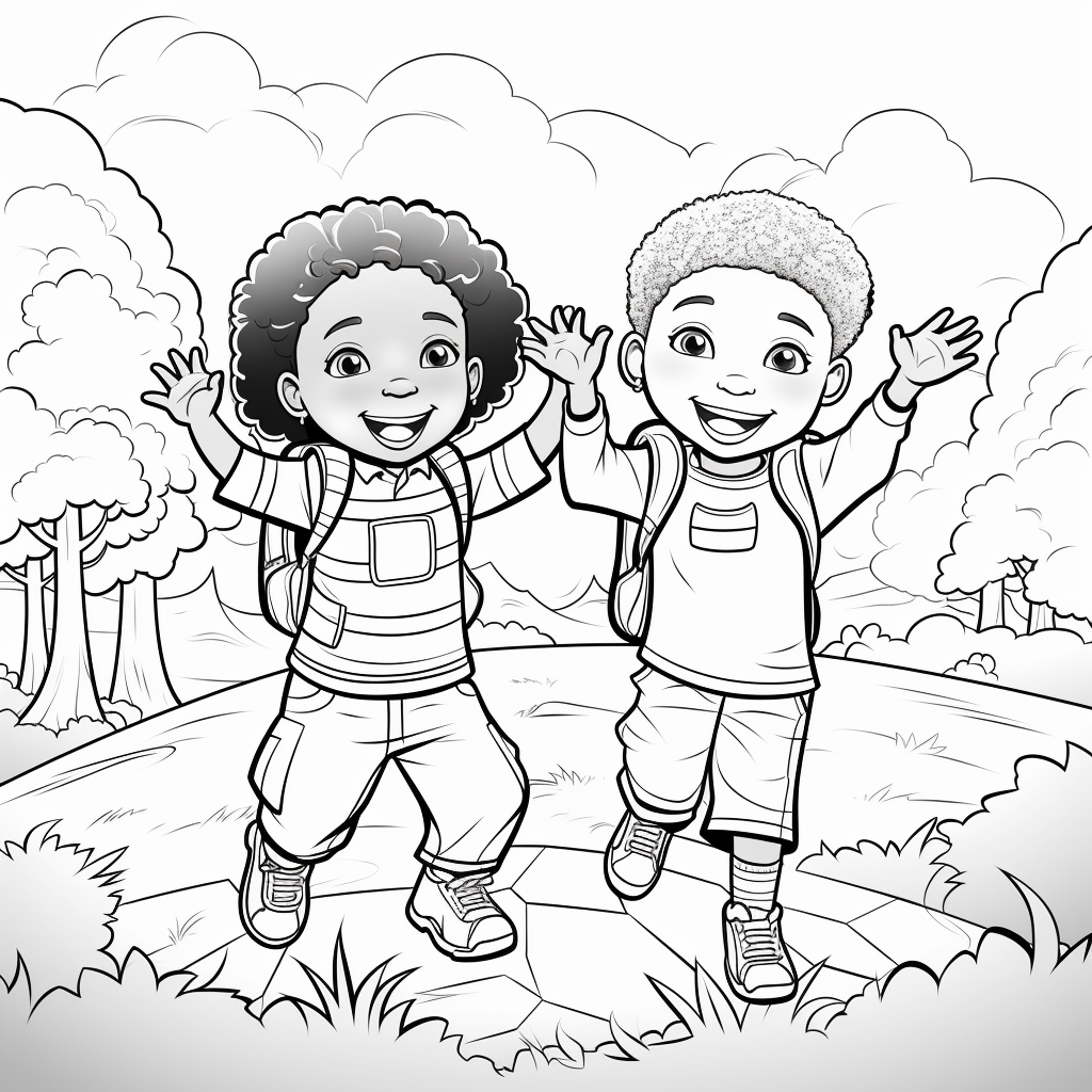 Black and white coloring page of two African American kids playing in nature and smiling