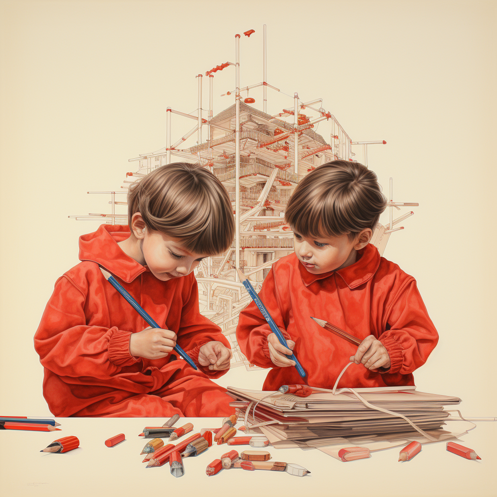 Two kids enjoying art with red pencils