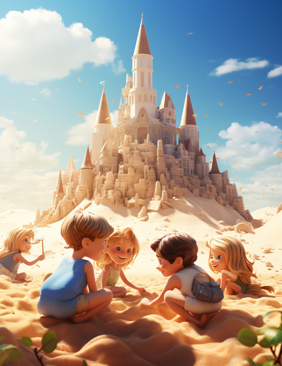 Kids building sand castle together