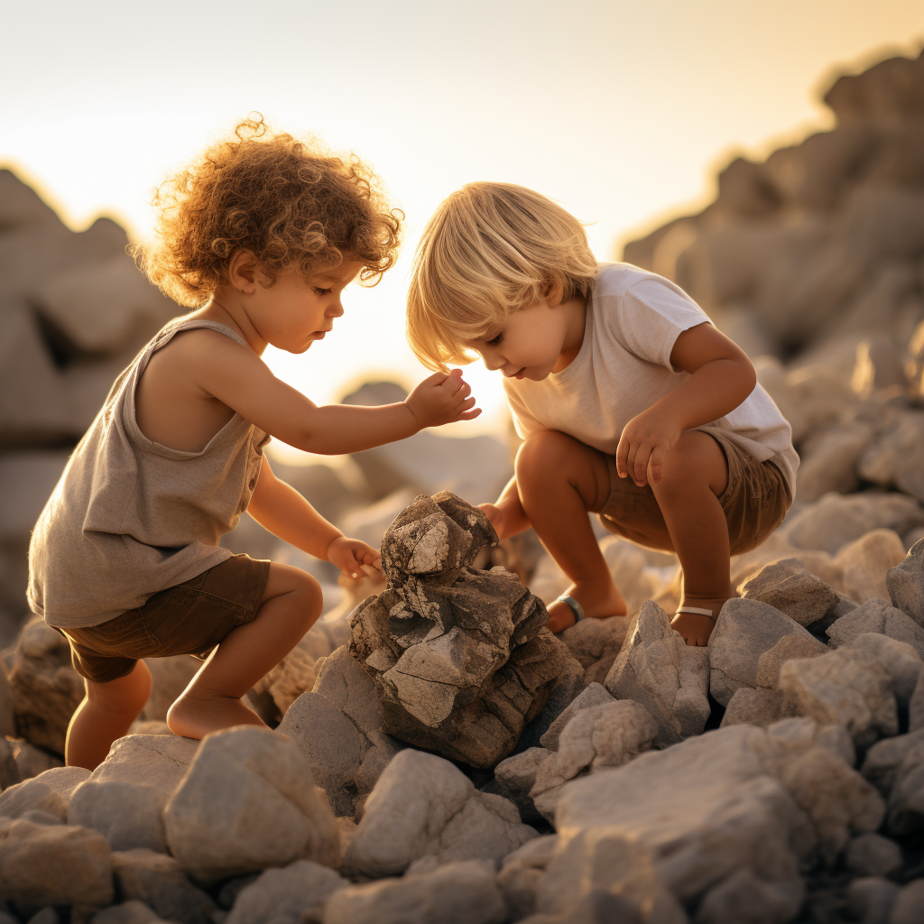 Kids playing with rocks in summertime