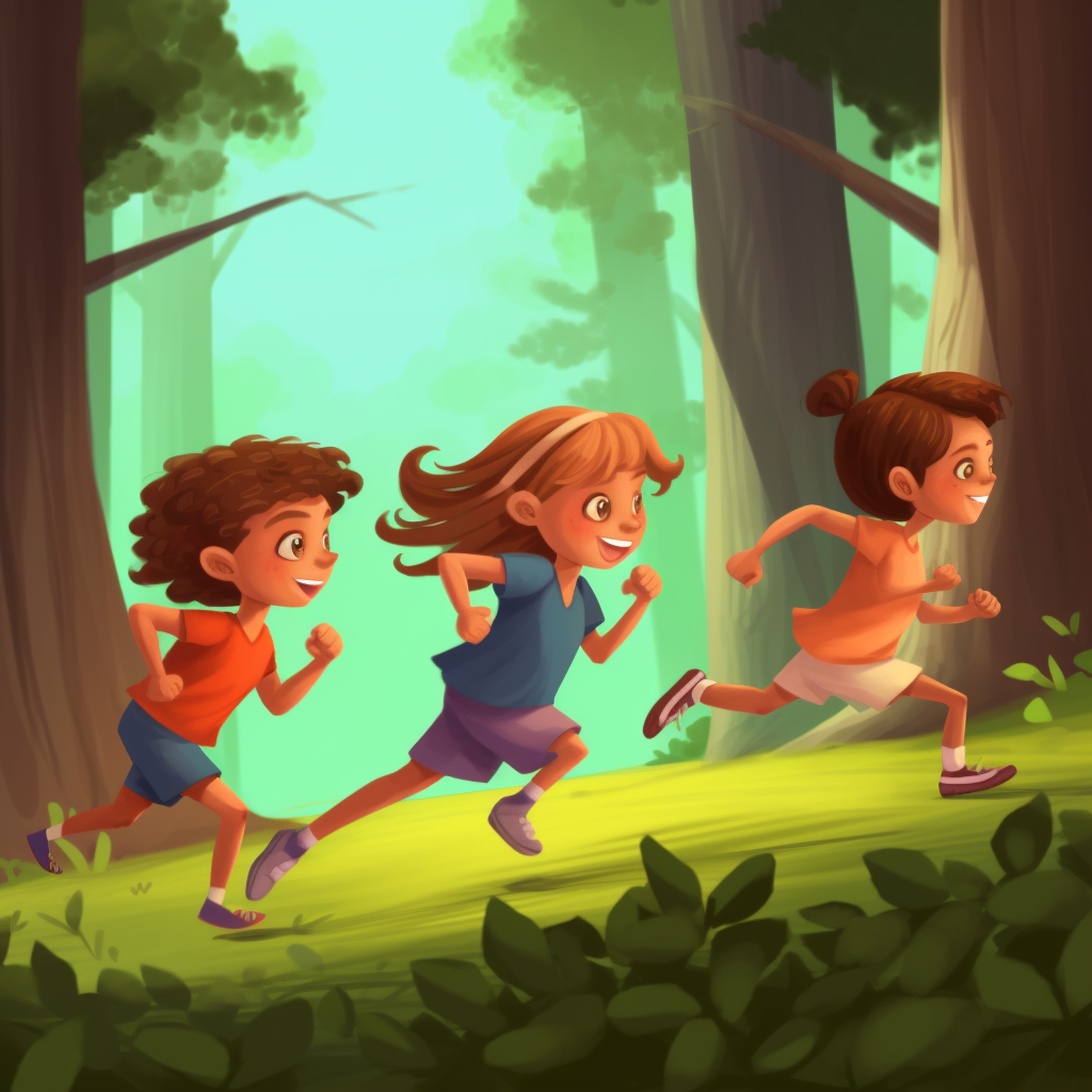 Three kids running through the woods