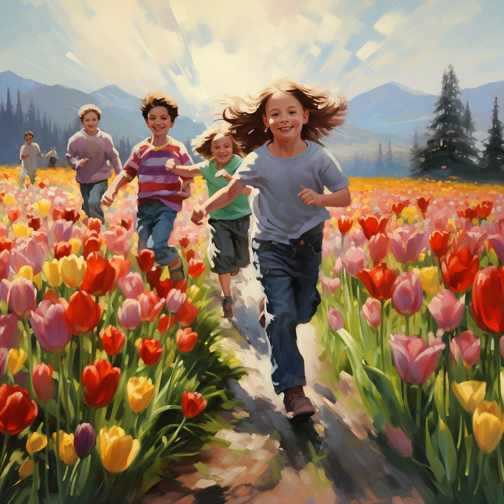 Happy kids running through tulip field