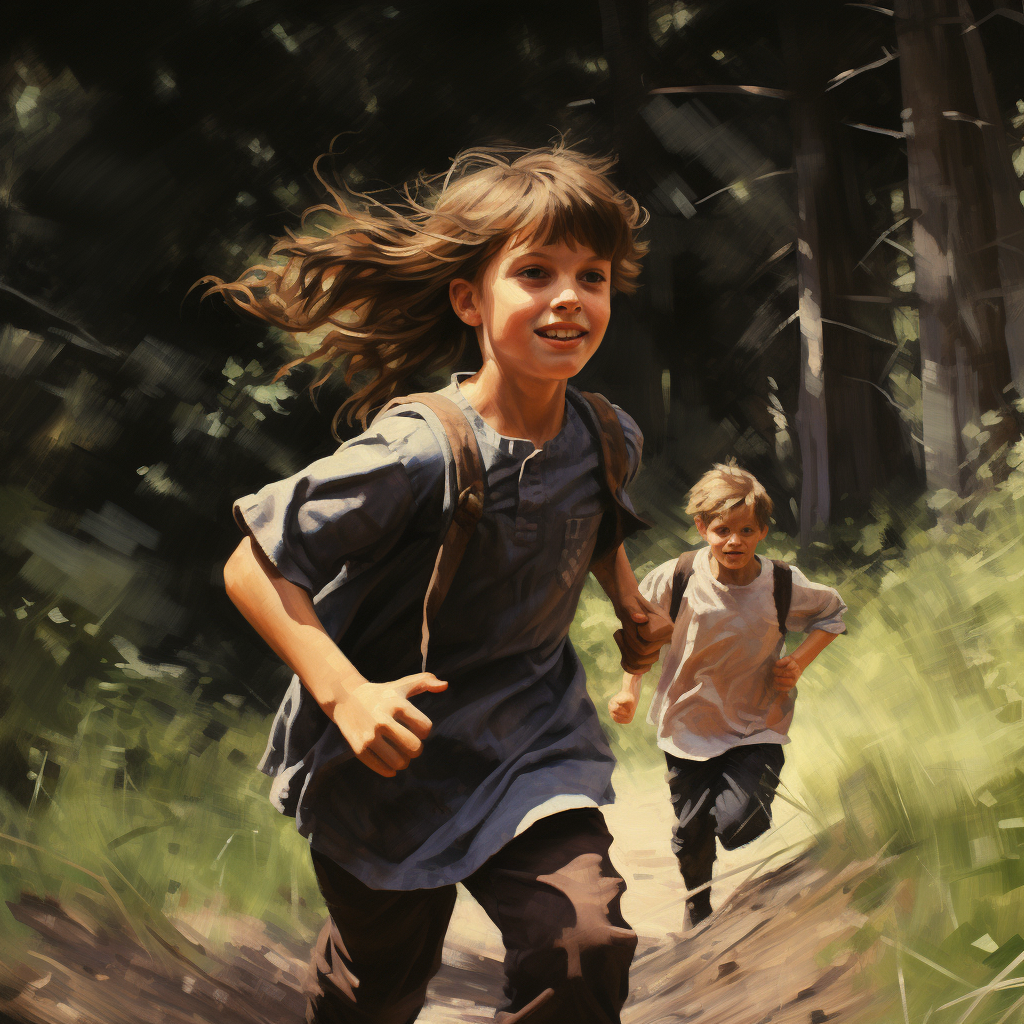 Three kids running in the woods