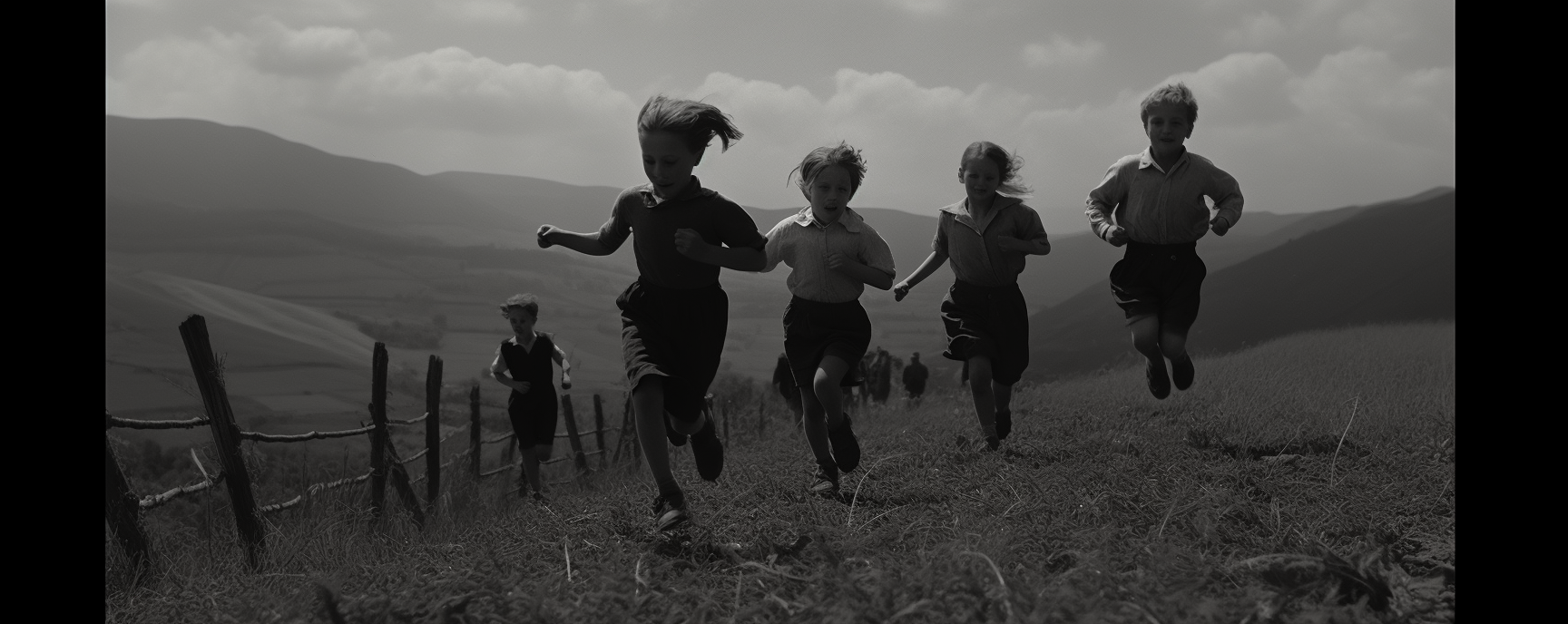 Children running up a high hill