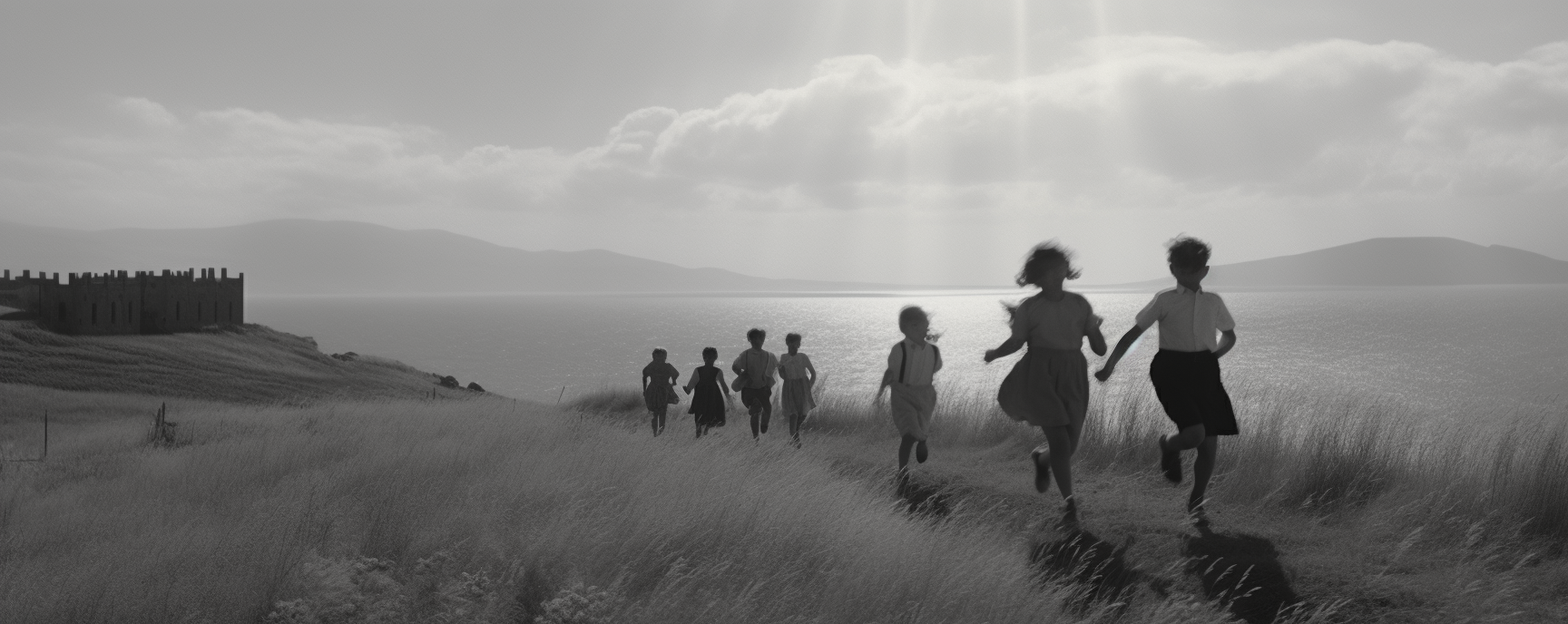 Group of Children Running Up Hill on Beach