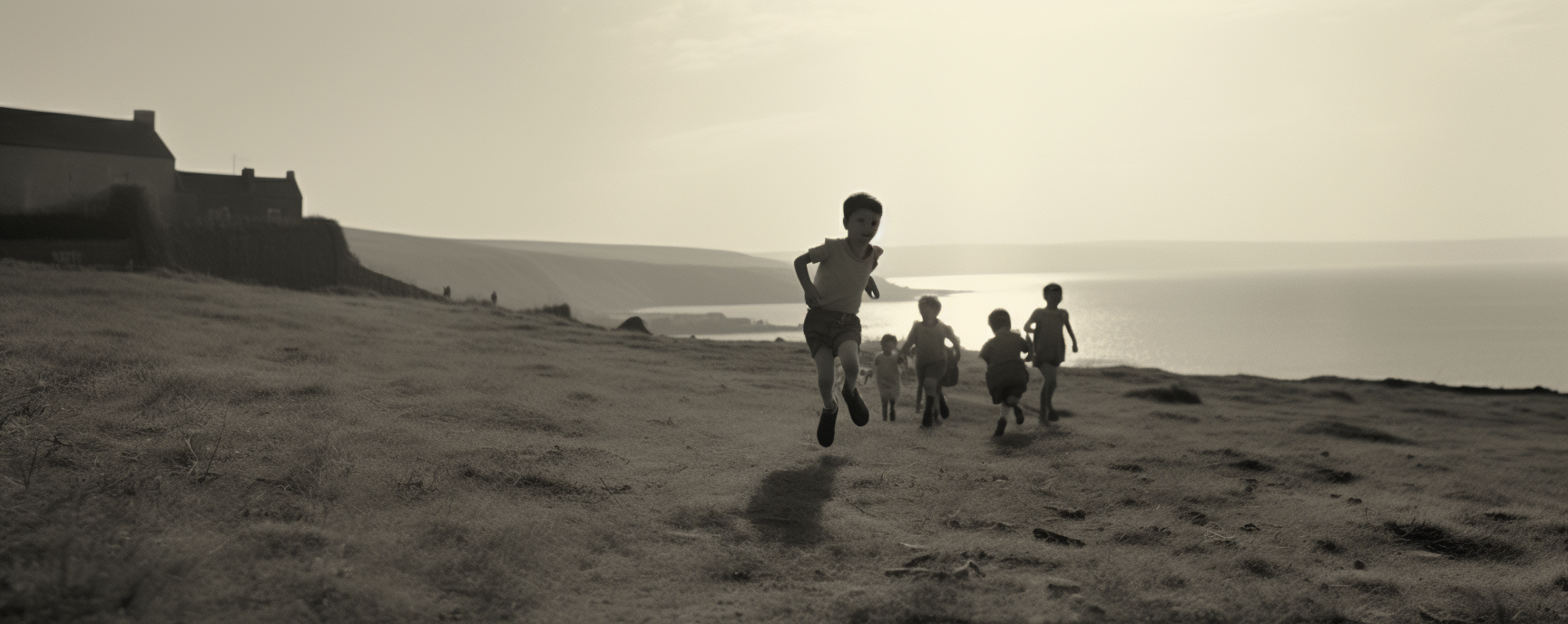 Children running up hill on a beach