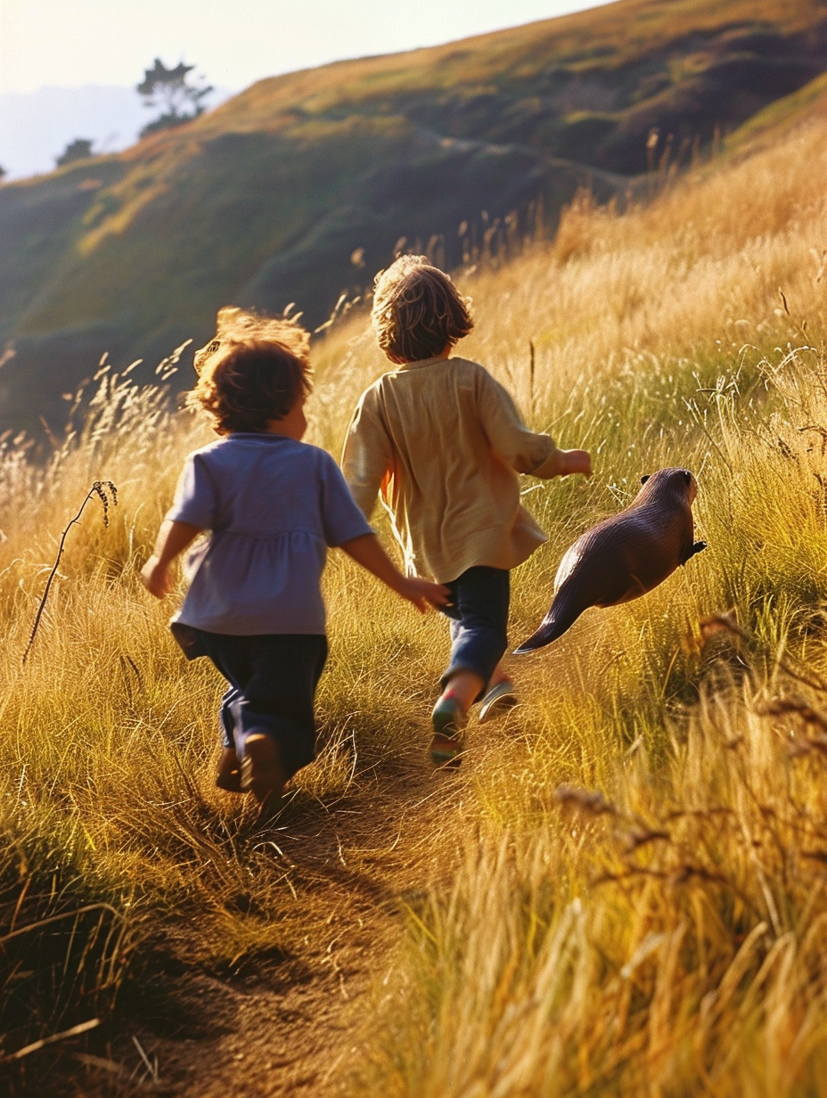 Kids running up San Francisco hill chasing otter