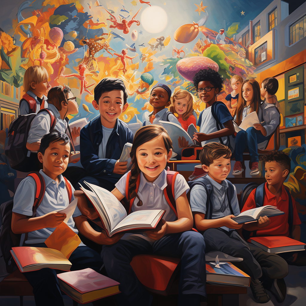 Colorful mural of kids at school