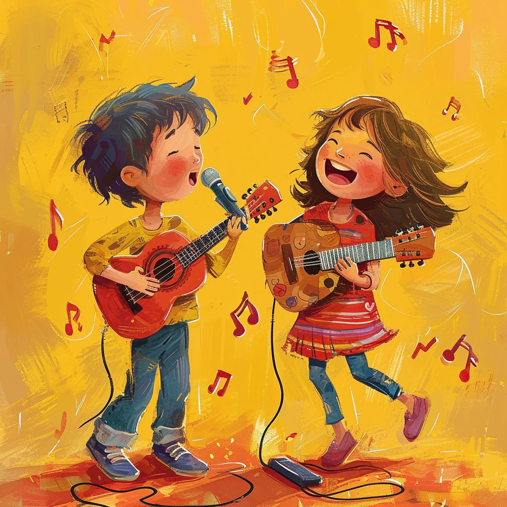 Kids singing songs illustration in yellow and red