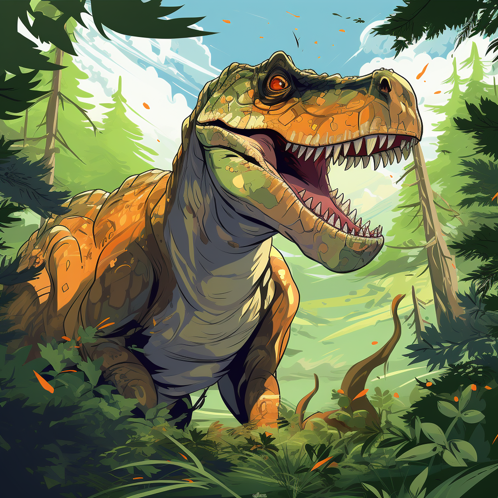 Cartoon-style kids tyranosaurus in forest