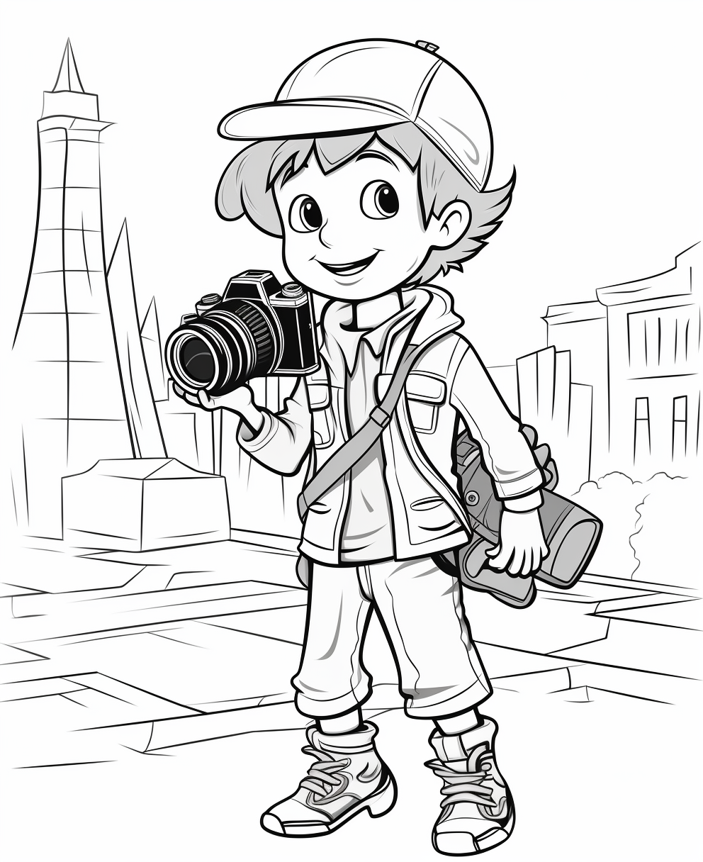 Cartoon illustration of little boy filmmaker coloring page