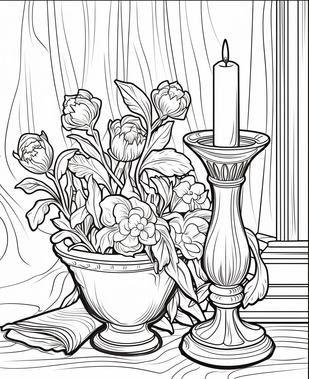 Coloring page with crown candle in bronze vase