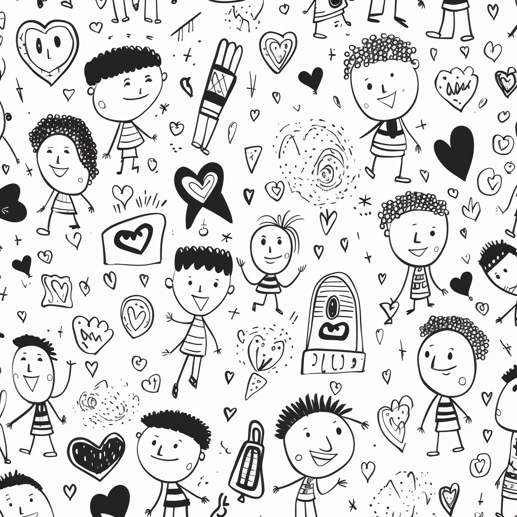 Hand-drawn line art of kids expressing various emotions