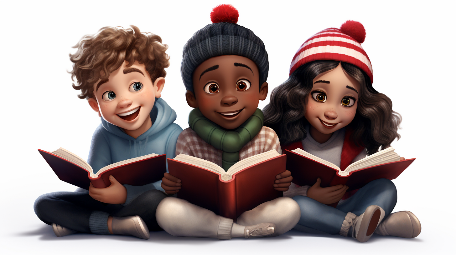 Three children happily reading a book