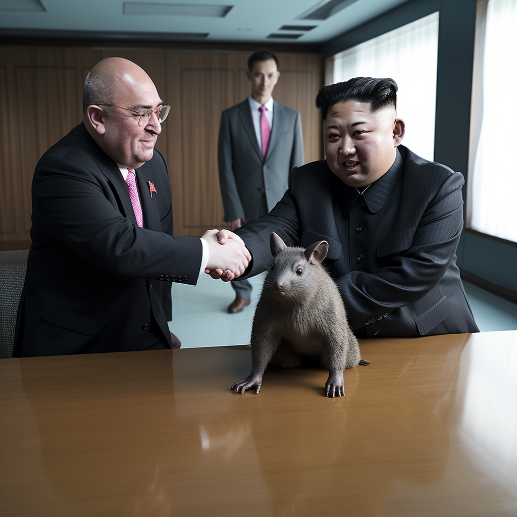 Kim Jong Un shaking hands with rat-headed man