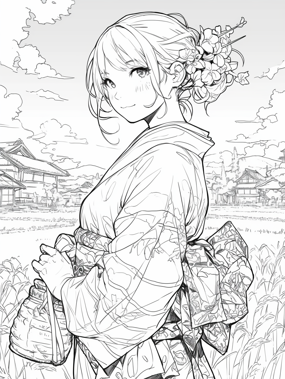 kimono girl coloring book with thick lines, vegetables basket