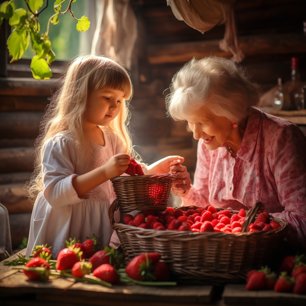 Kind Grandmother Teaching Granddaughter to Pick Strawberries