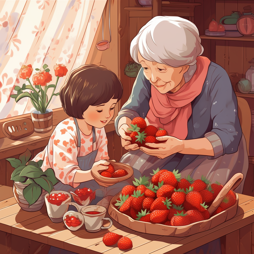 Kind grandmother teaching granddaughter picking strawberries