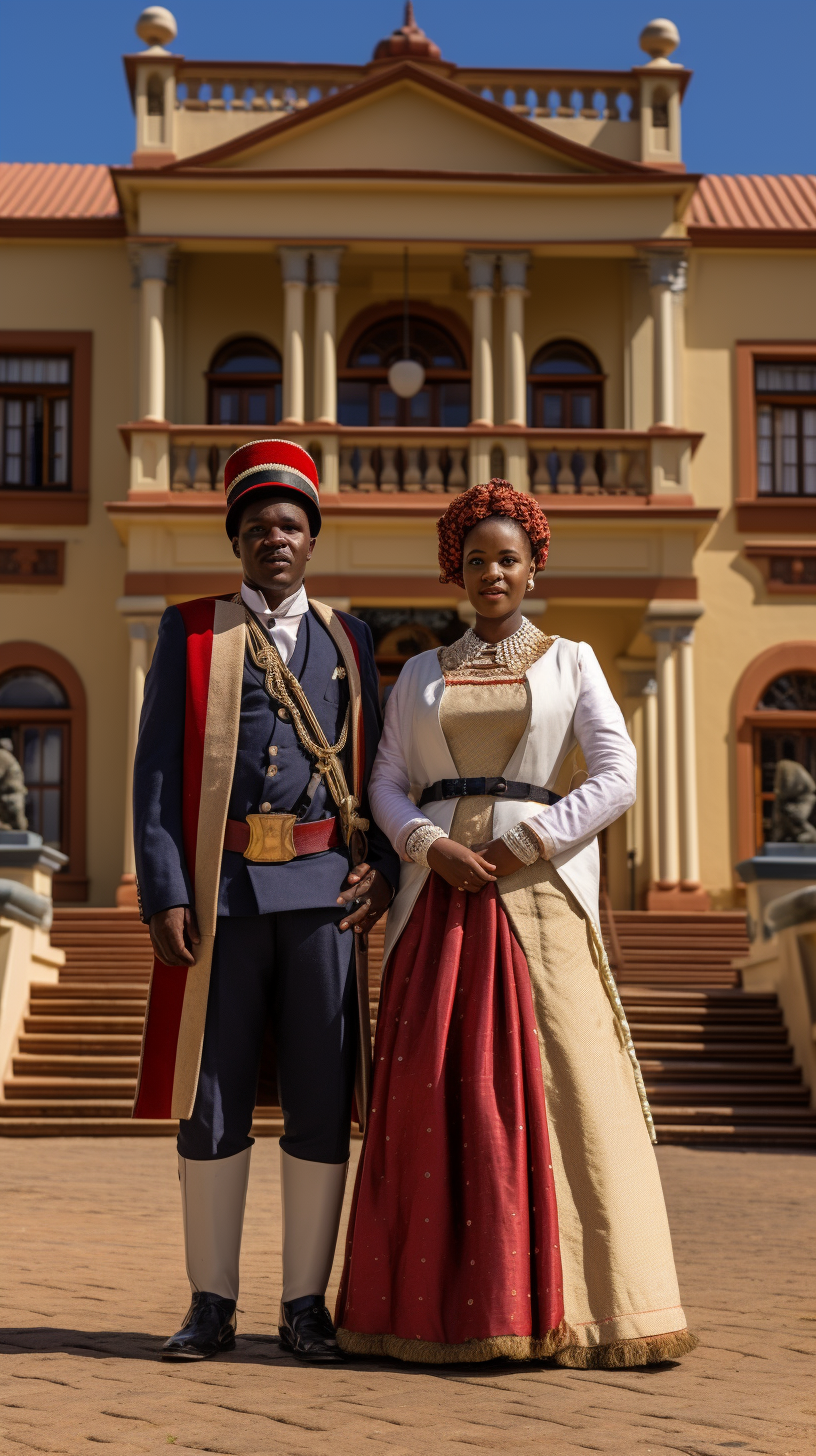 King of Eswatini and his wife in front of the palace