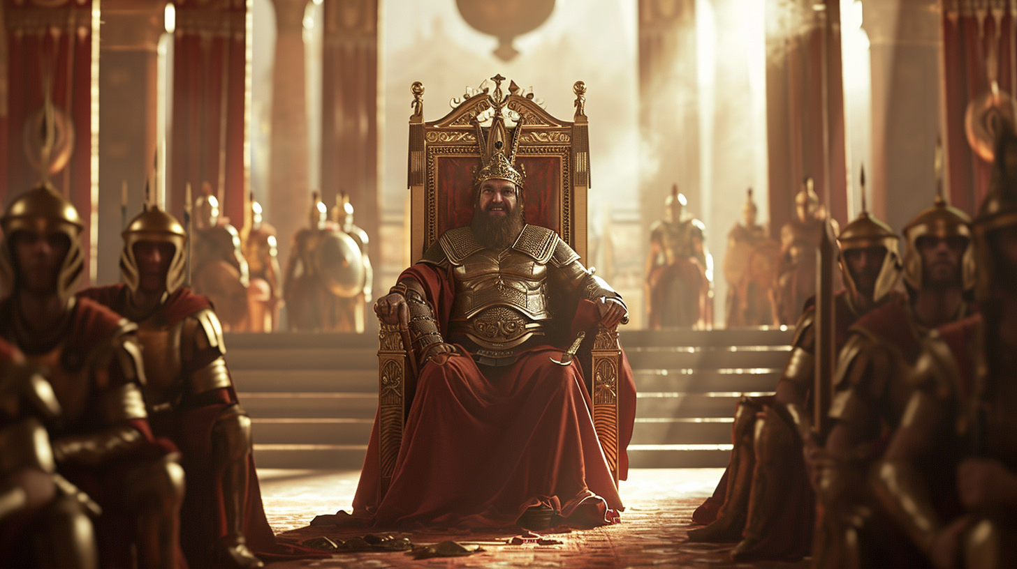 King Xerxes Smiling on Throne