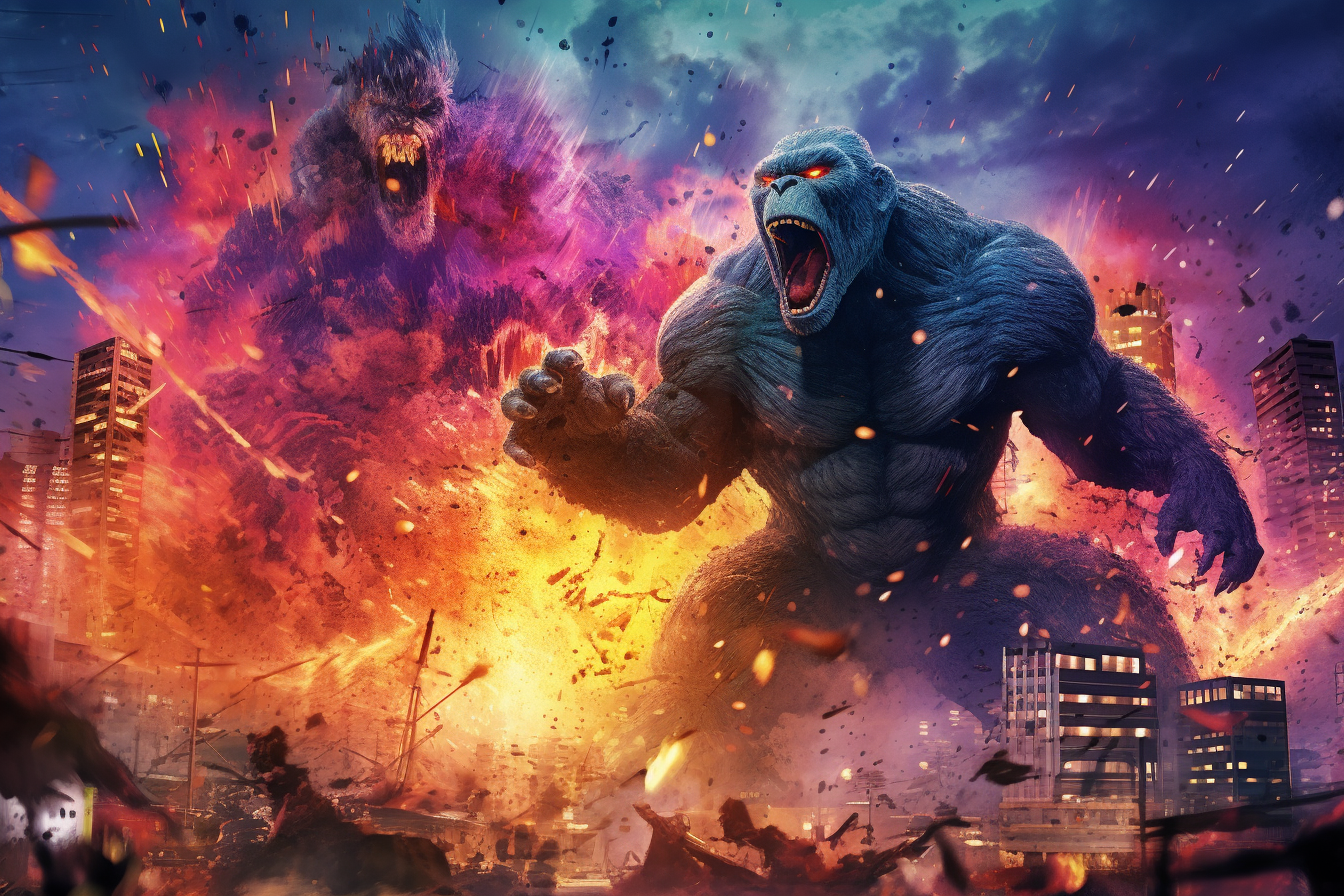 Cartoon-style King Kong and Godzilla fighting in Tokyo