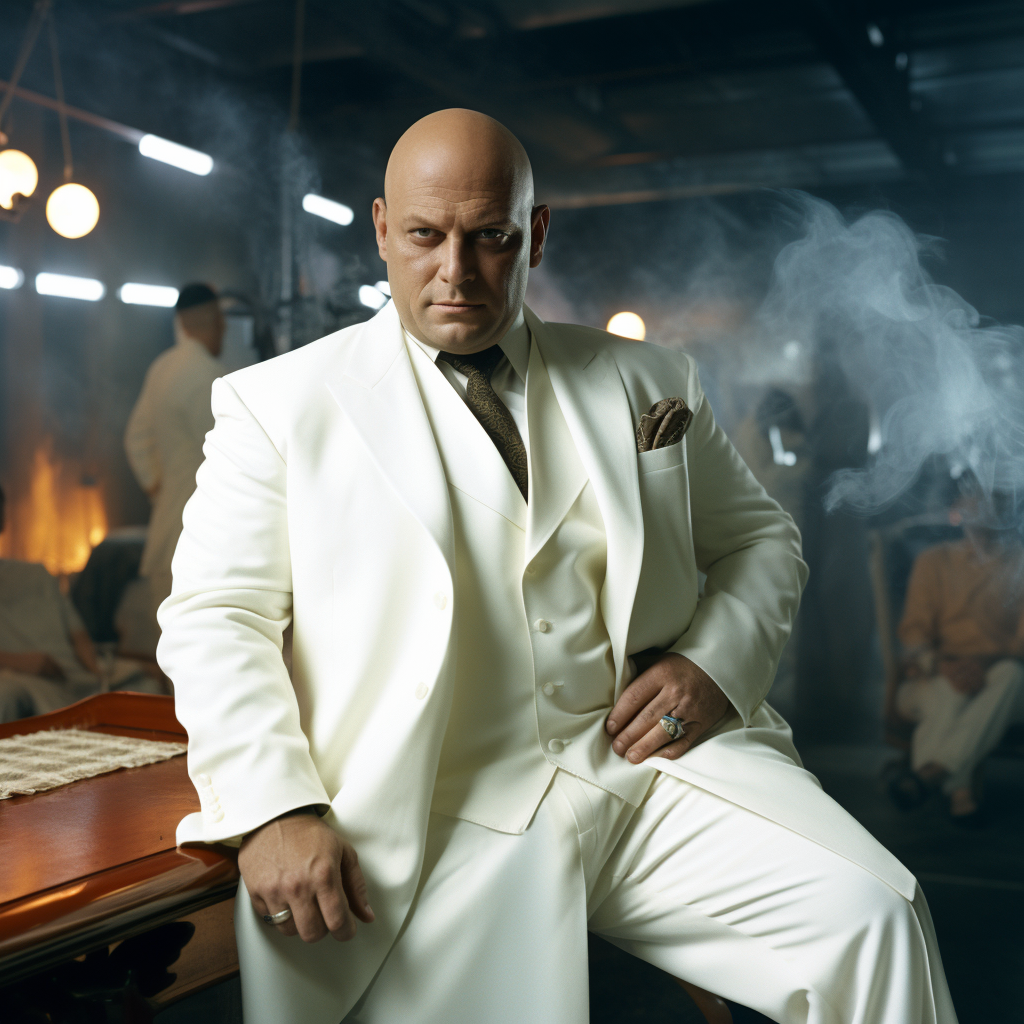 Caucasian actor portraying Kingpin in hyperealistic white suit with cigar and cane