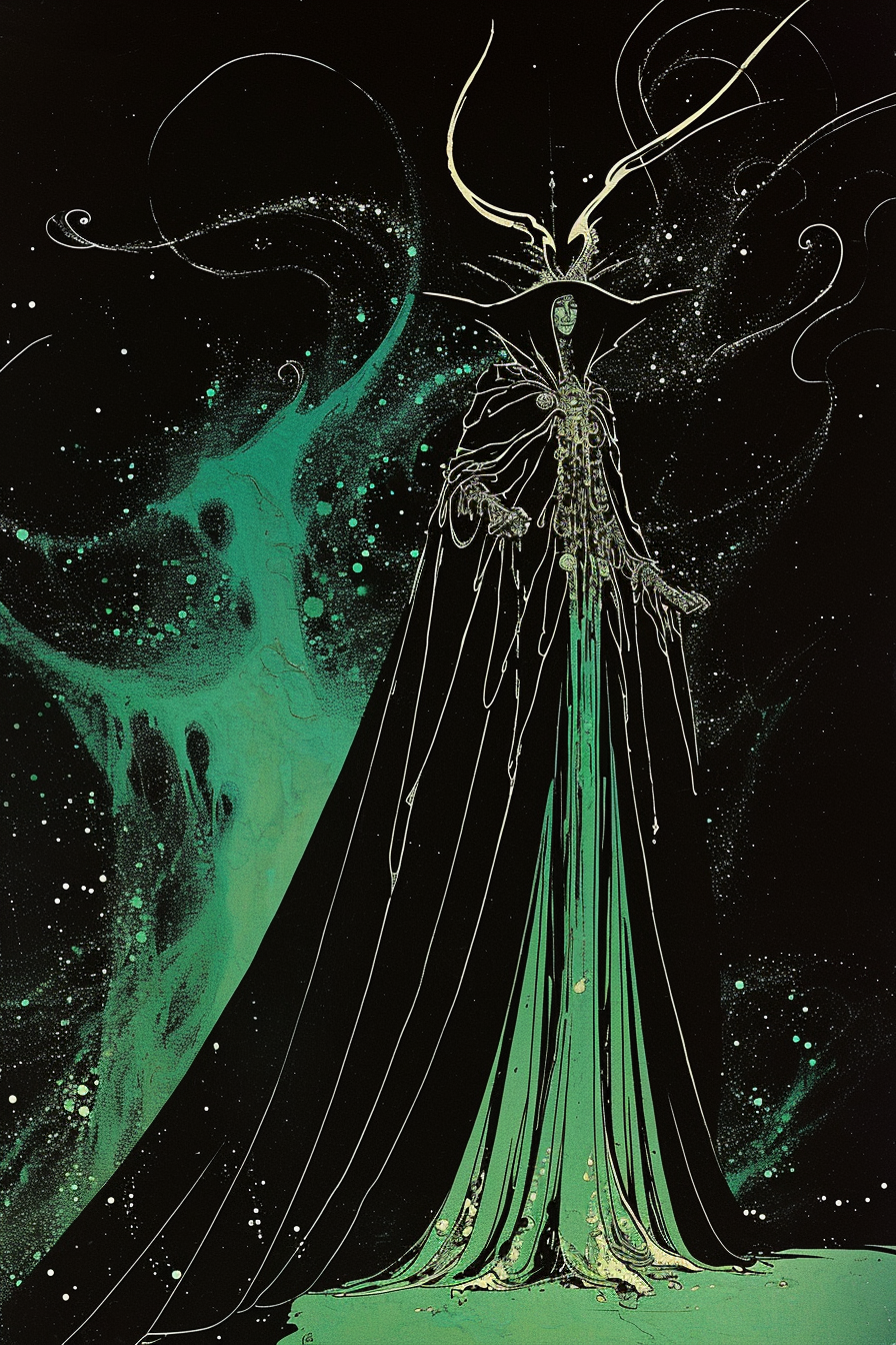 Illustration of the King of Stories in black and green robes