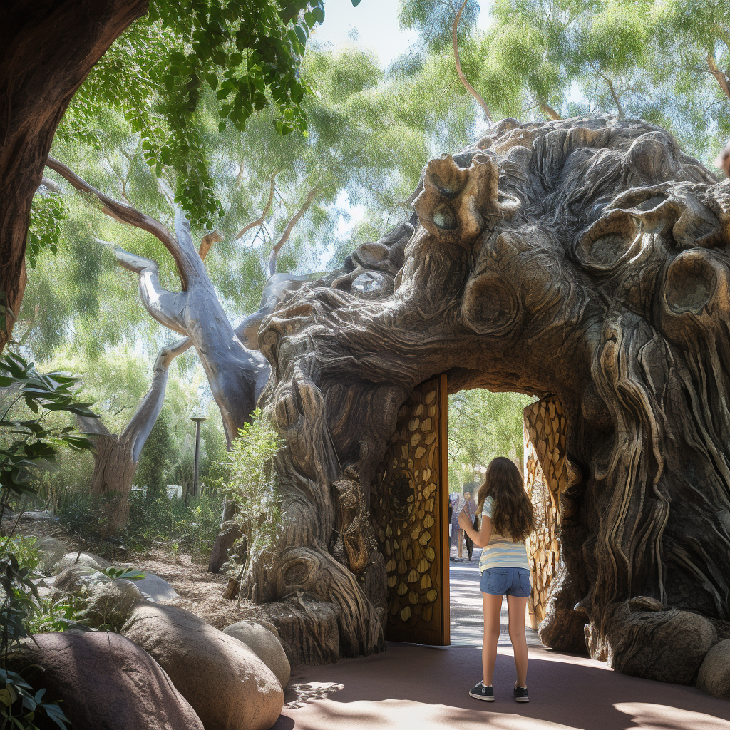 Happy mother and daughter near magical tree door