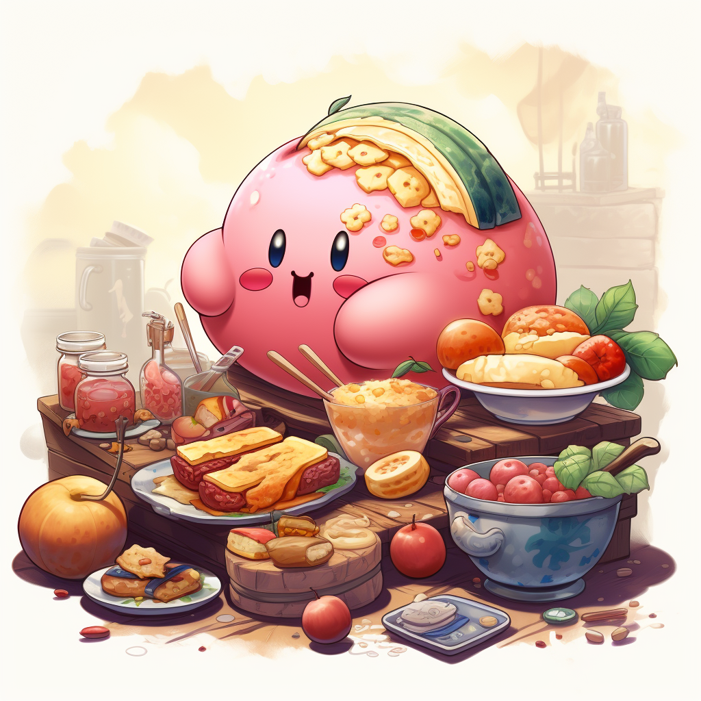 Cartoon Kirby eating lots of food