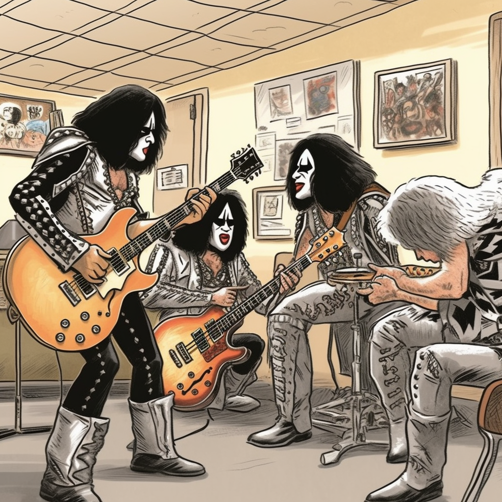 Cartoon of Kiss playing show at Hospice