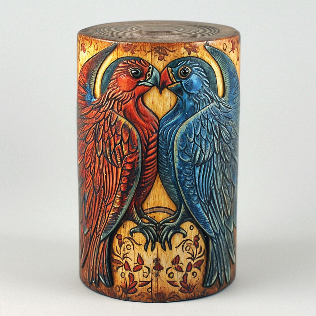 Kissing Griffons on Wood Cylinder