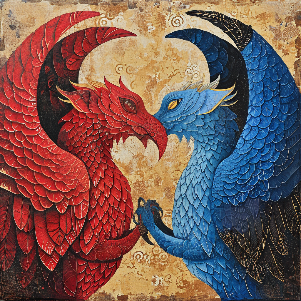 Kissing Griffons in Red and Blue