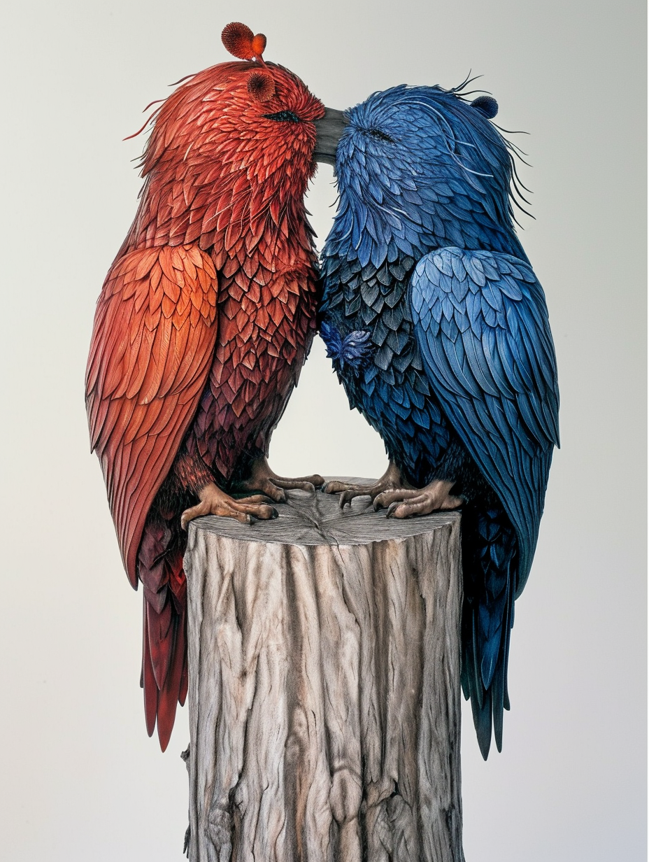 Two kissing griffons on wood