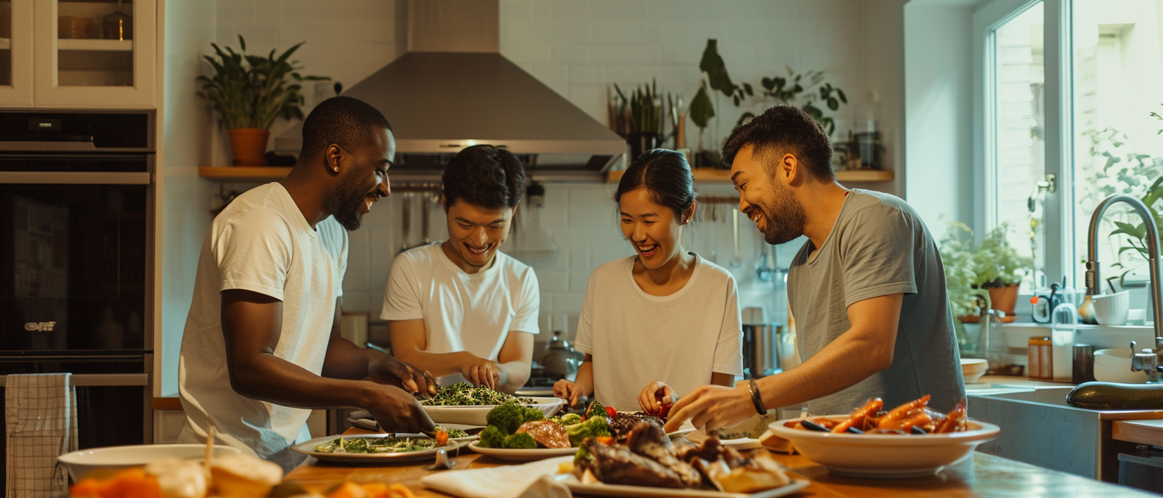 Friends waiting in kitchen for dinner party