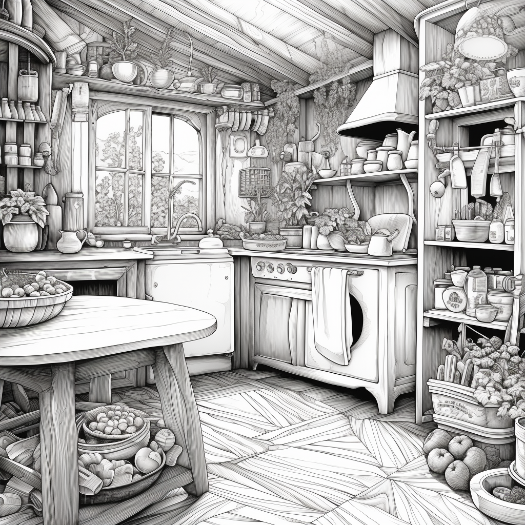 Coloring page of a kitchen on a farm