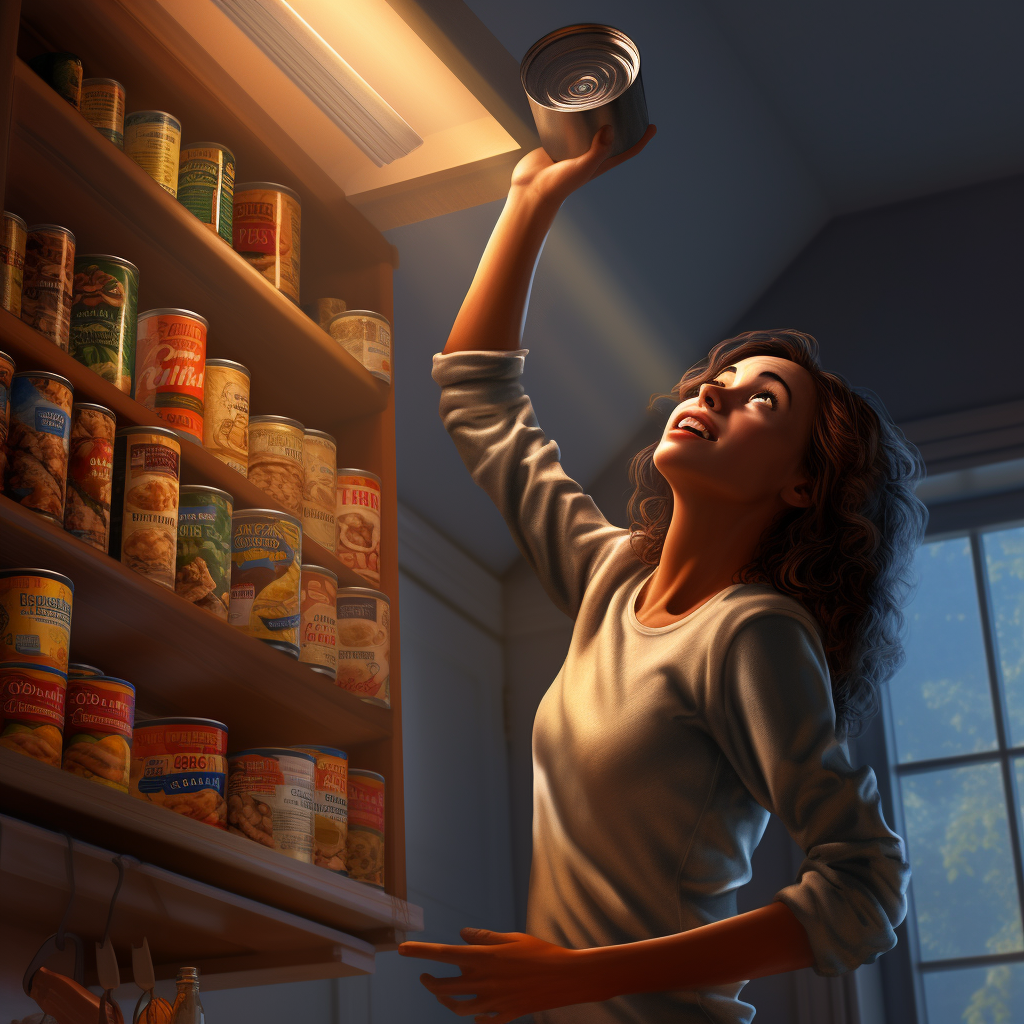 Woman reaching for soup can in modern kitchen