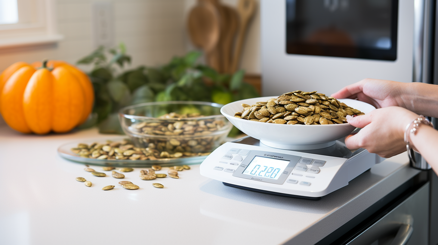 person weighing pumpkin seeds in kitchen