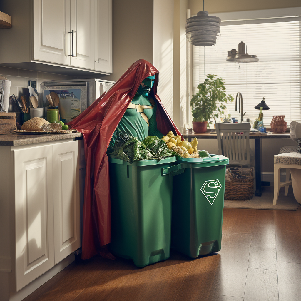 Superhero discarding waste in kitchen