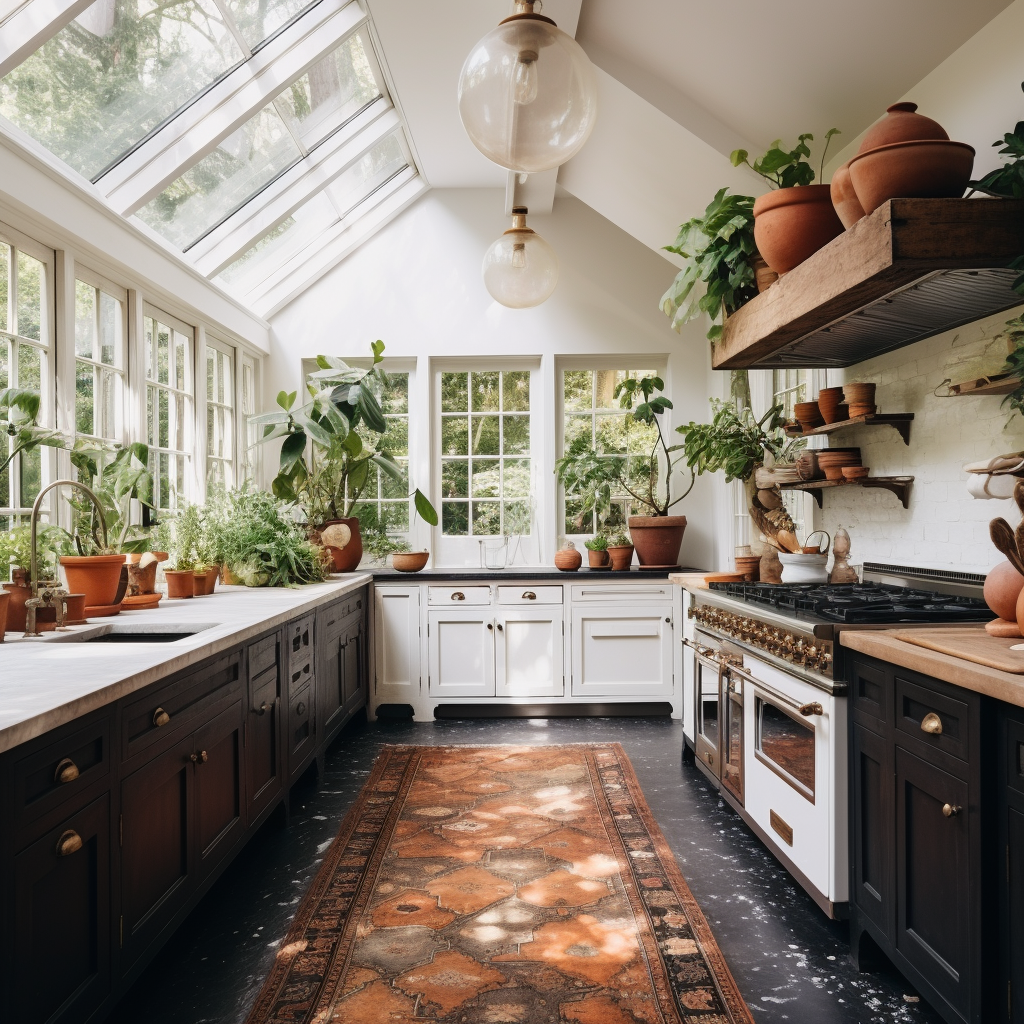 Kitchen with no upper cabinets