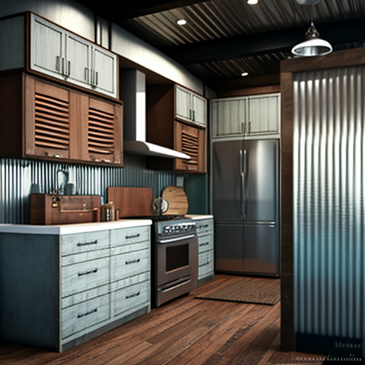 Kitchen with Vertical Corrugated Metal Cabinets