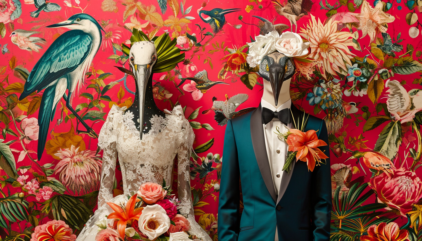 Colorful kitsch wedding dress with heron head