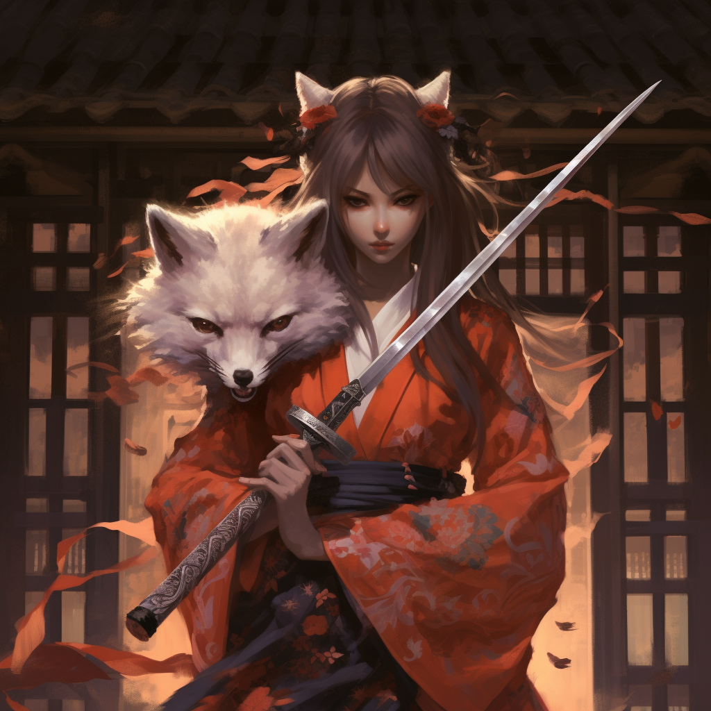 Kitsune girl with her pet fox and kunai knives